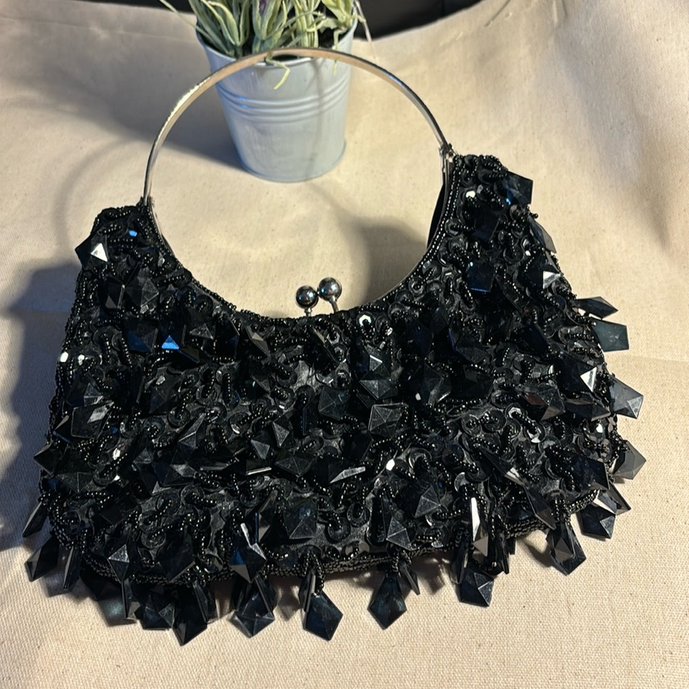 Vintage  Black Beaded Sequin Ball Snap Closure Hand Bag